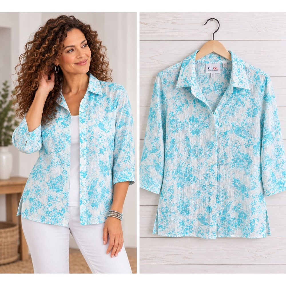 Denim & Co Pintuck Button Front Blouse Medium 3/4 Sleeve White Turquoise Floral